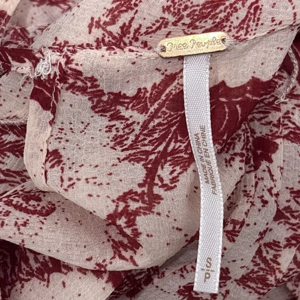Free People Floral Mini Dress Small Red White Pleated Ruffle Hem Boho Festival